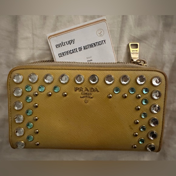 Prada Bijou Saffiano Yellow Leather Wallet Embellished Silver Blue Gems Studs - Picture 1 of 8